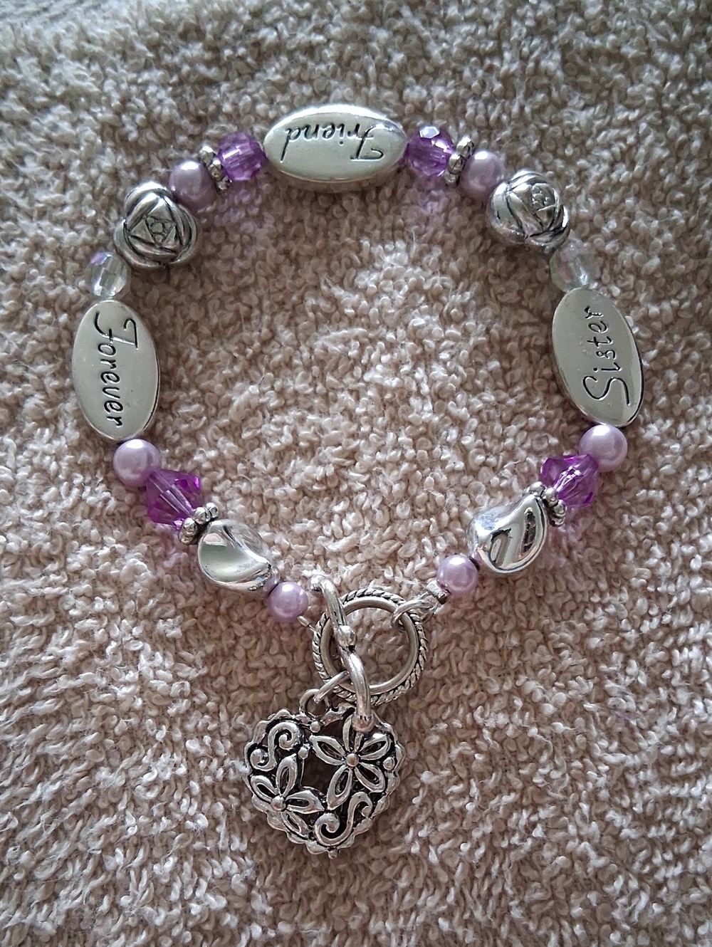 Silver & Lavender 'Sister Forever' Floral Heart Charm Bracelet